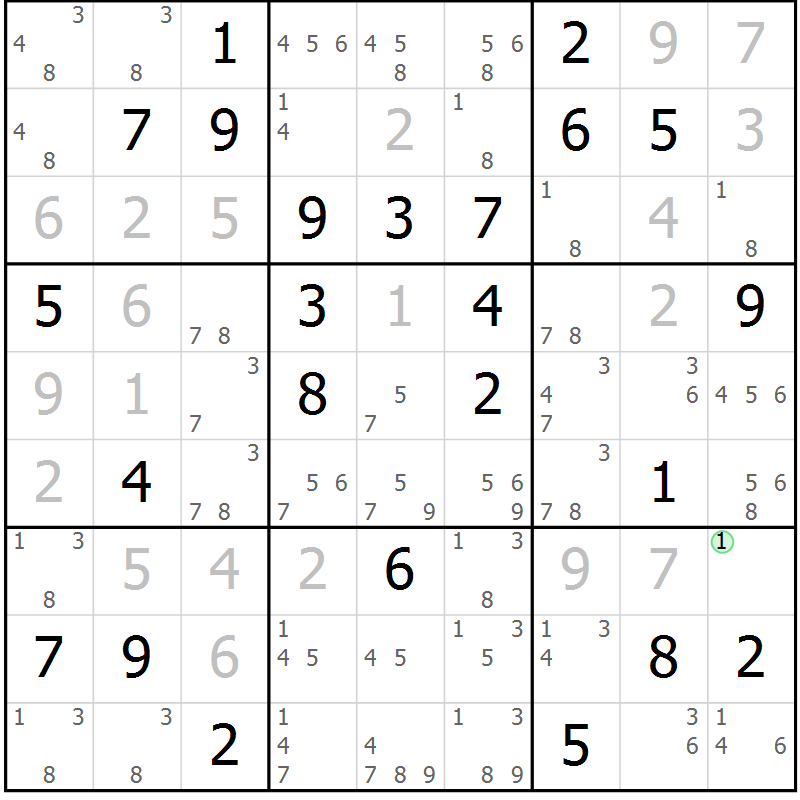 Position des candidats pour la solution de la Gr 24 page 27 du magazine de sudoku Giga sudoku niv 6-8 n° 032