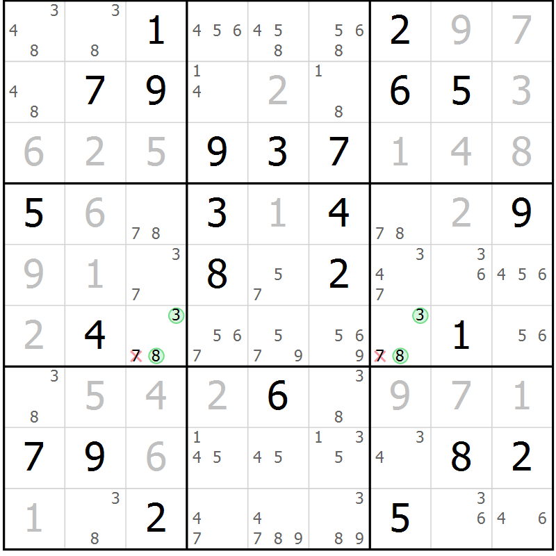 Position des candidats pour la solution de la Gr 24 page 27 du magazine de sudoku Giga sudoku niv 6-8 n° 032