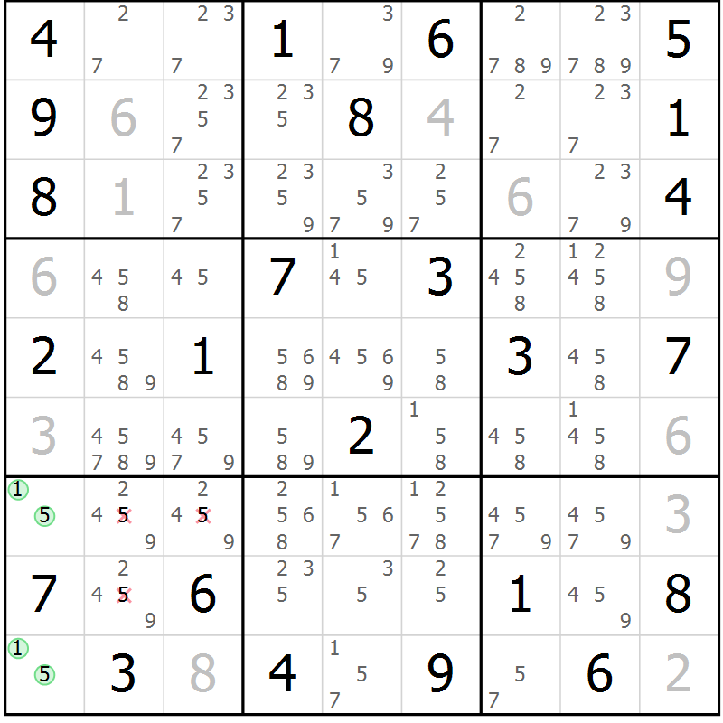 Position des candidats pour la solution de la Gr 25 page 28 du magazine de sudoku Giga sudoku niv 6-8 n° 032