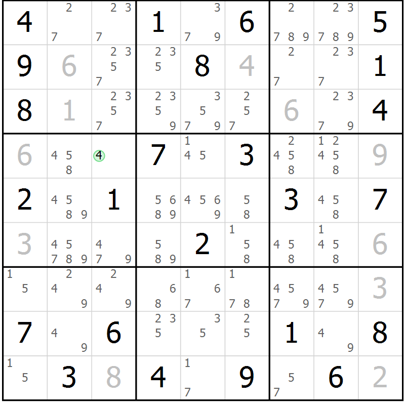 Position des candidats pour la solution de la Gr 25 page 28 du magazine de sudoku Giga sudoku niv 6-8 n° 032