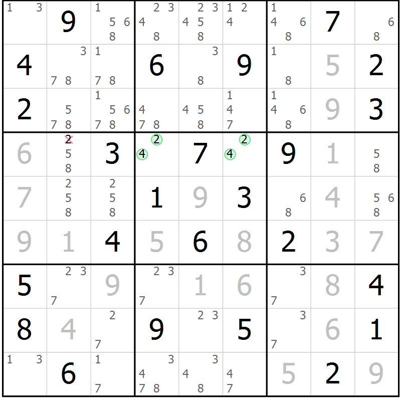 Position des candidats pour la solution de la Gr 27 page 30 du magazine de sudoku Giga sudoku niv 6-8 n° 032