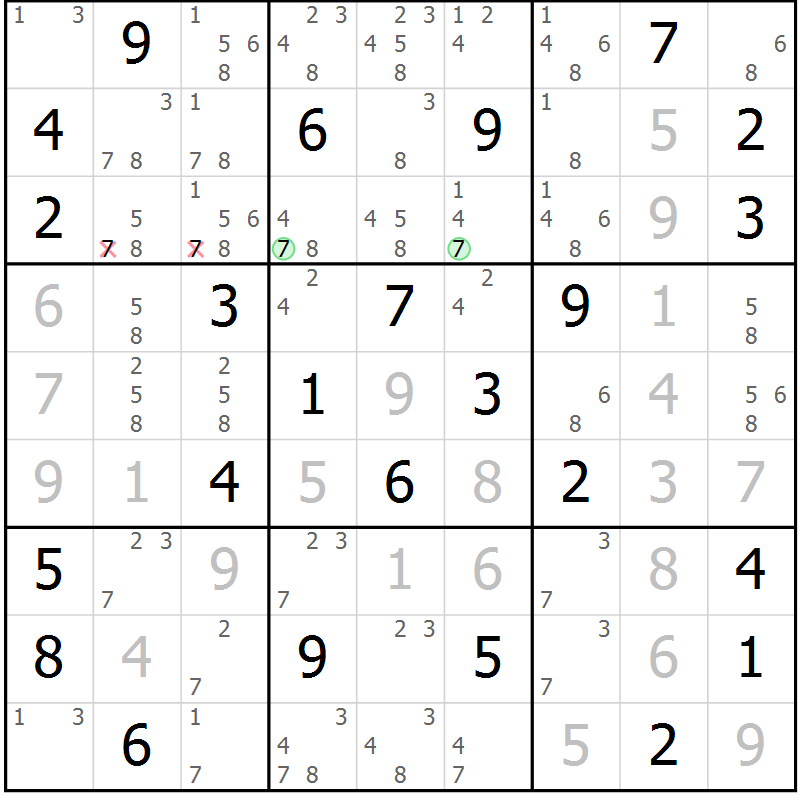 Position des candidats pour la solution de la Gr 27 page 30 du magazine de sudoku Giga sudoku niv 6-8 n° 032
