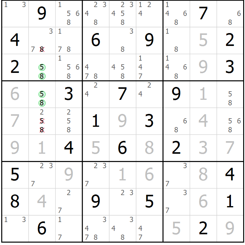 Position des candidats pour la solution de la Gr 27 page 30 du magazine de sudoku Giga sudoku niv 6-8 n° 032