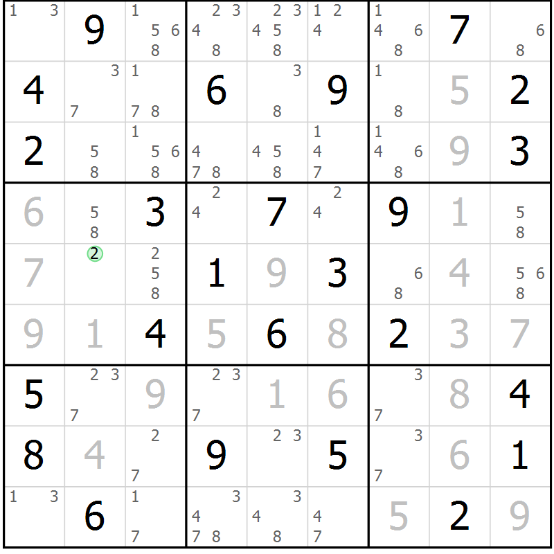 Position des candidats pour la solution de la Gr 27 page 30 du magazine de sudoku Giga sudoku niv 6-8 n° 032