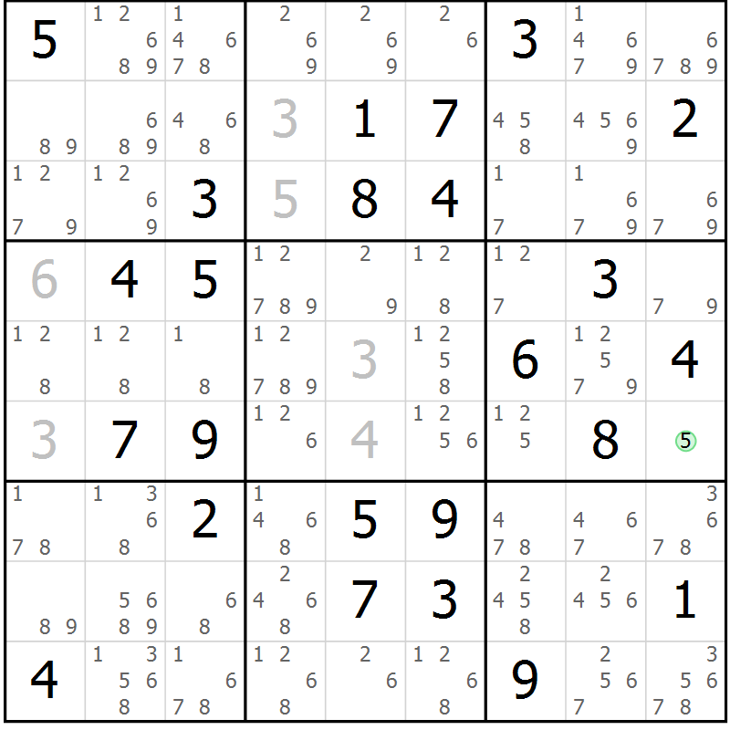Position des candidats pour la solution de la Gr 28 page 31 du magazine de sudoku Giga sudoku niv 6-8 n° 032