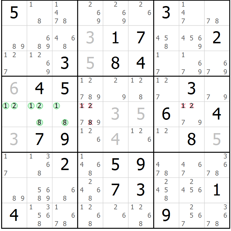 Position des candidats pour la solution de la Gr 28 page 31 du magazine de sudoku Giga sudoku niv 6-8 n° 032
