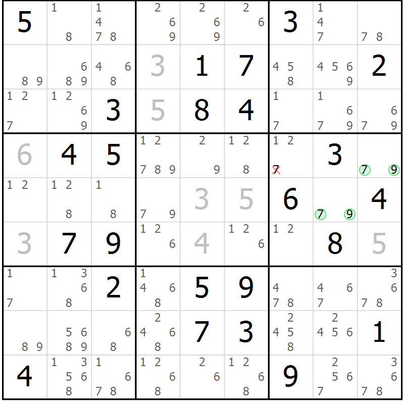 Position des candidats pour la solution de la Gr 28 page 31 du magazine de sudoku Giga sudoku niv 6-8 n° 032