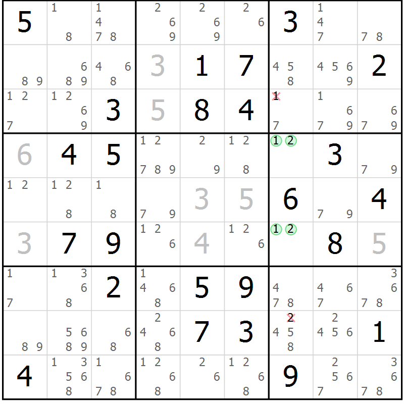 Position des candidats pour la solution de la Gr 28 page 31 du magazine de sudoku Giga sudoku niv 6-8 n° 032