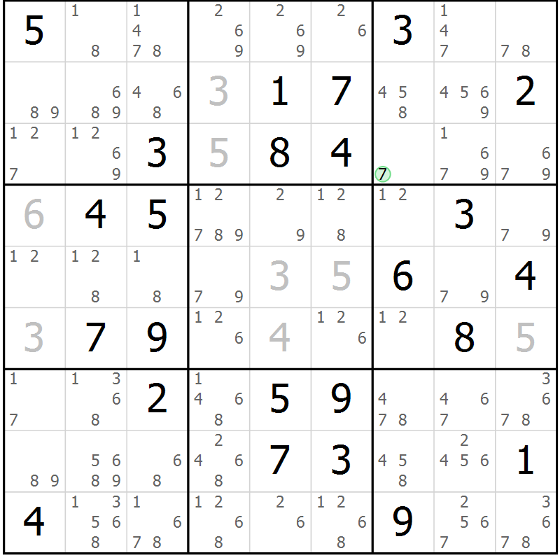Position des candidats pour la solution de la Gr 28 page 31 du magazine de sudoku Giga sudoku niv 6-8 n° 032
