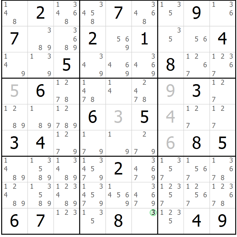 Position des candidats pour la solution de la Gr 29 page 32 du magazine de sudoku Giga sudoku niv 6-8 n° 032
