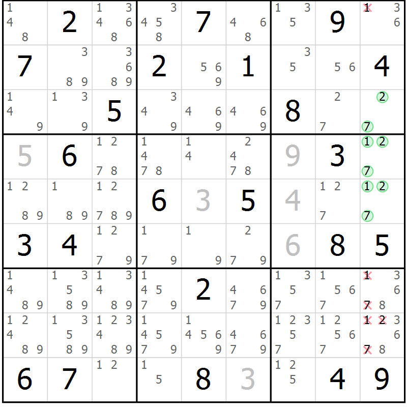Position des candidats pour la solution de la Gr 29 page 32 du magazine de sudoku Giga sudoku niv 6-8 n° 032