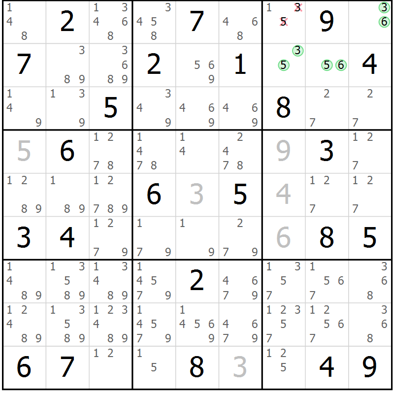 Position des candidats pour la solution de la Gr 29 page 32 du magazine de sudoku Giga sudoku niv 6-8 n° 032