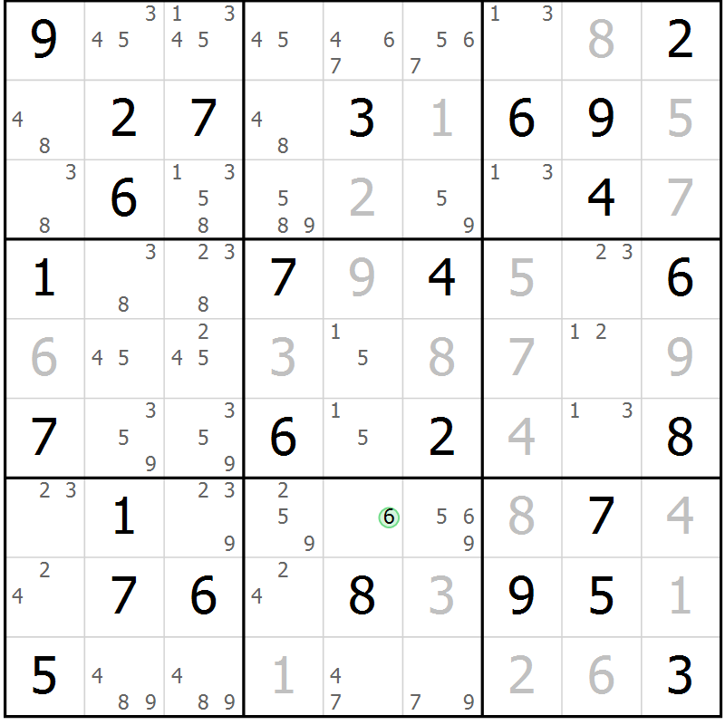 Position des candidats pour la solution de la Gr 3 page 6 du magazine de sudoku Giga sudoku niv 6-8 n° 032