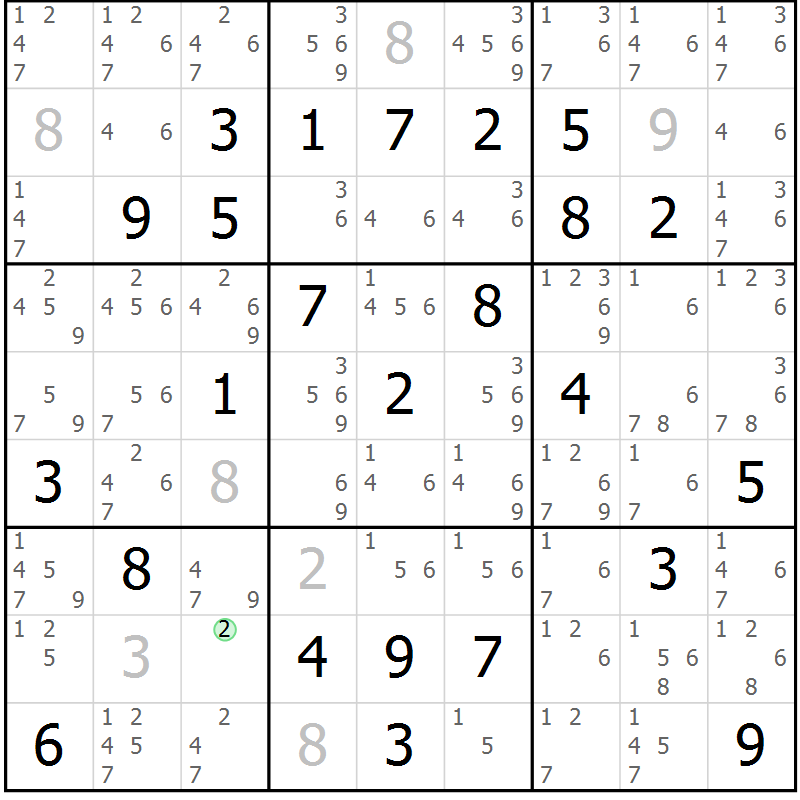 Position des candidats pour la solution de la Gr 30 page 33 du magazine de sudoku Giga sudoku niv 6-8 n° 032