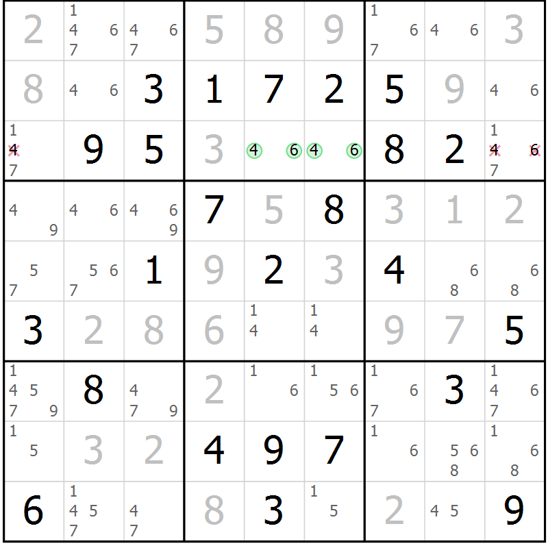 Position des candidats pour la solution de la Gr 30 page 33 du magazine de sudoku Giga sudoku niv 6-8 n° 032