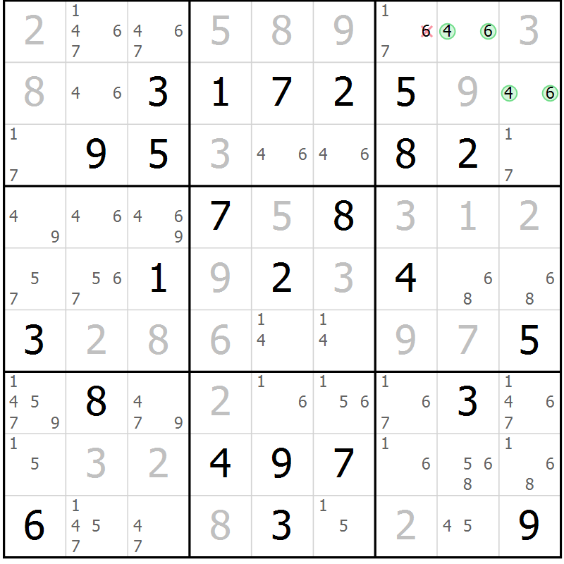 Position des candidats pour la solution de la Gr 30 page 33 du magazine de sudoku Giga sudoku niv 6-8 n° 032