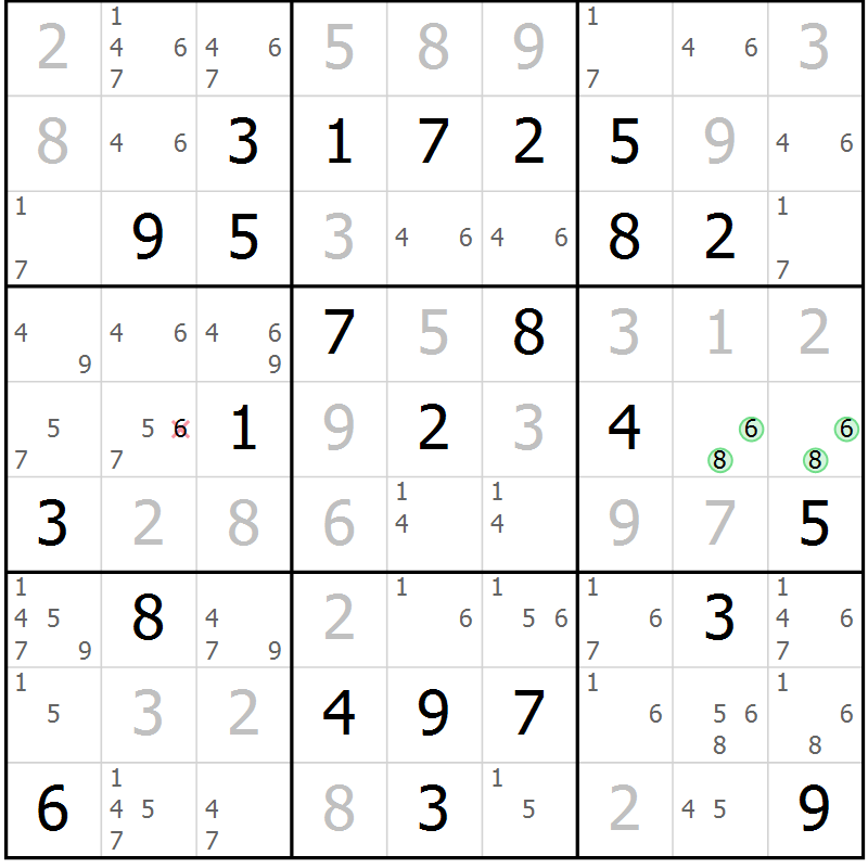 Position des candidats pour la solution de la Gr 30 page 33 du magazine de sudoku Giga sudoku niv 6-8 n° 032