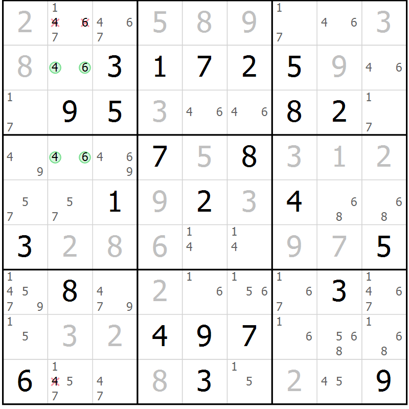 Position des candidats pour la solution de la Gr 30 page 33 du magazine de sudoku Giga sudoku niv 6-8 n° 032