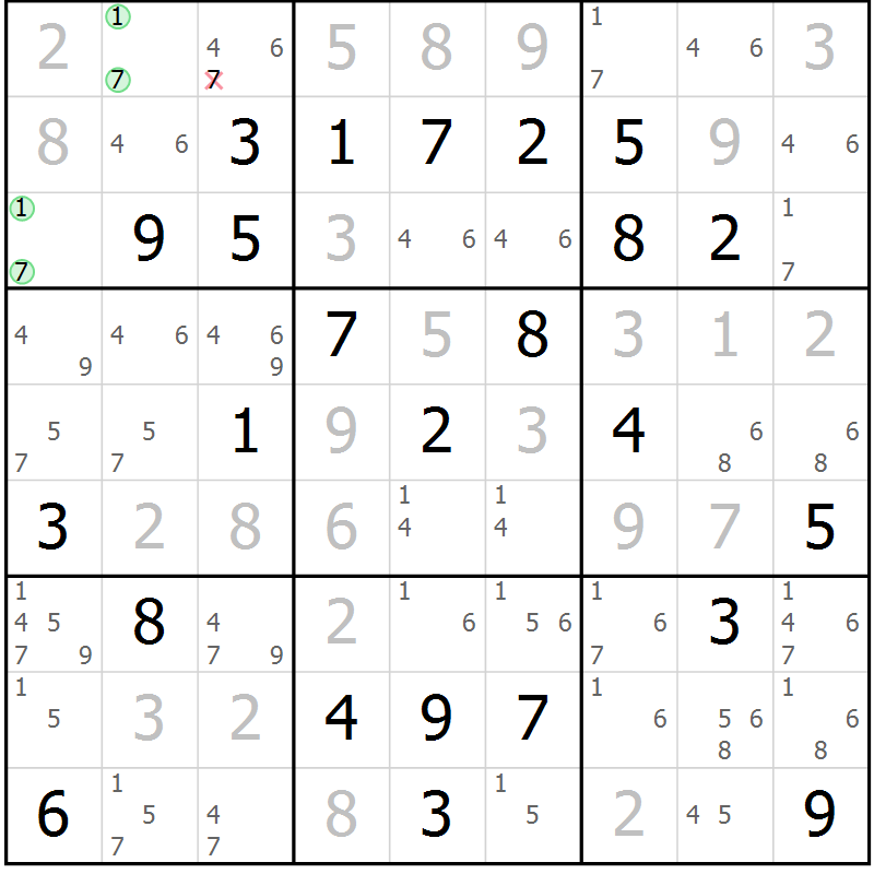 Position des candidats pour la solution de la Gr 30 page 33 du magazine de sudoku Giga sudoku niv 6-8 n° 032