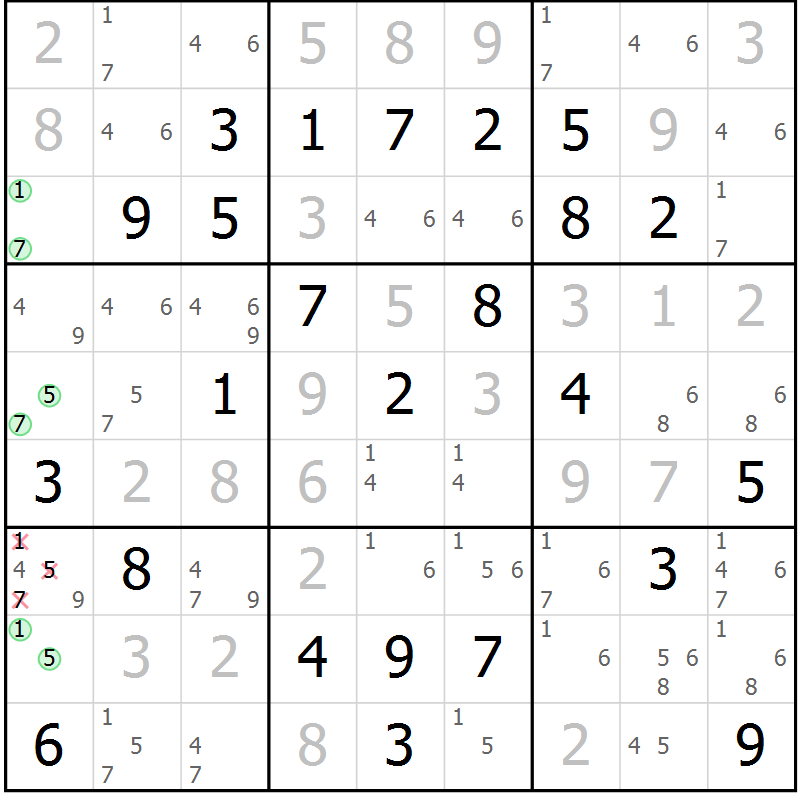 Position des candidats pour la solution de la Gr 30 page 33 du magazine de sudoku Giga sudoku niv 6-8 n° 032