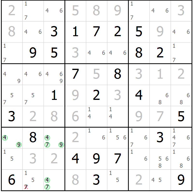 Position des candidats pour la solution de la Gr 30 page 33 du magazine de sudoku Giga sudoku niv 6-8 n° 032