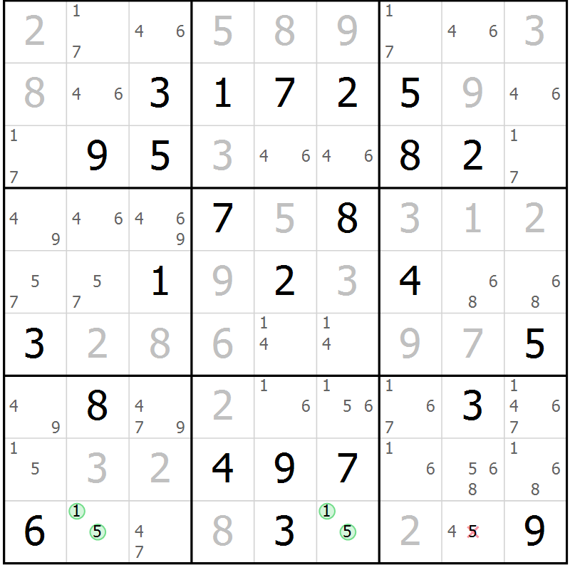 Position des candidats pour la solution de la Gr 30 page 33 du magazine de sudoku Giga sudoku niv 6-8 n° 032
