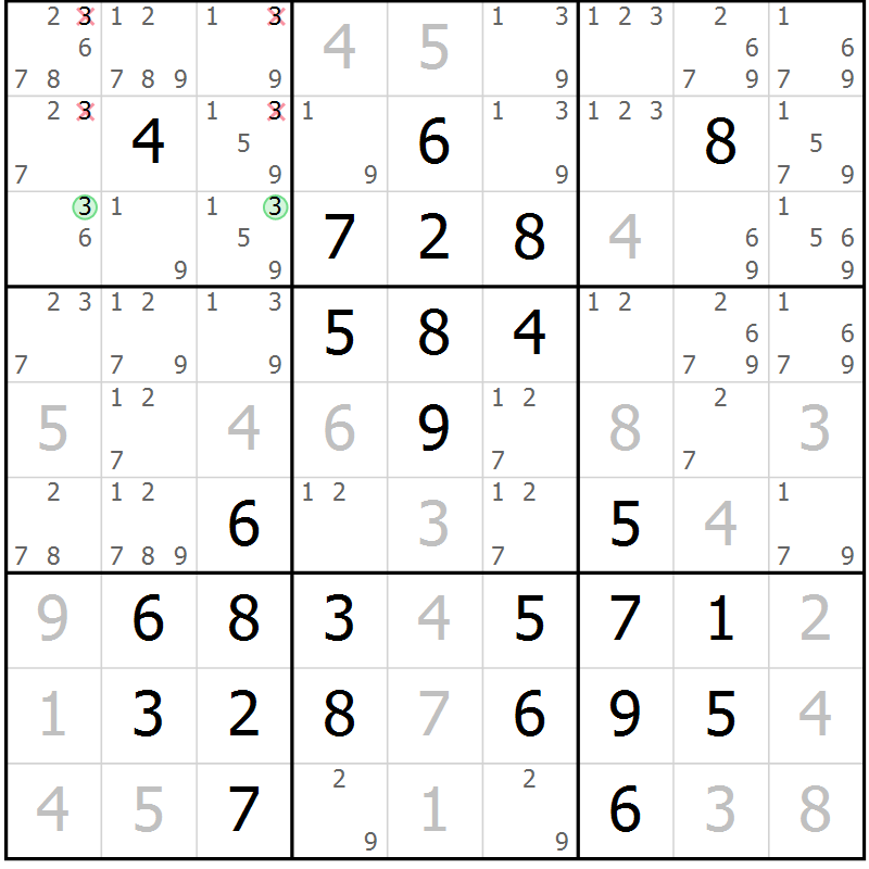 Position des candidats pour la solution de la Gr 31 page 34 du magazine de sudoku Giga sudoku niv 6-8 n° 032