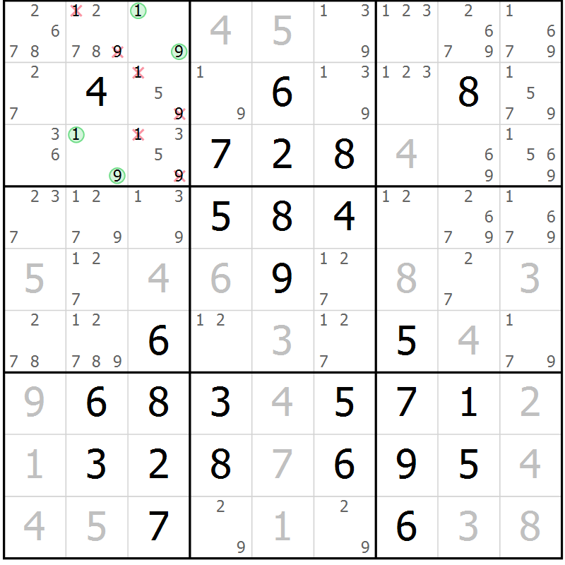 Position des candidats pour la solution de la Gr 31 page 34 du magazine de sudoku Giga sudoku niv 6-8 n° 032