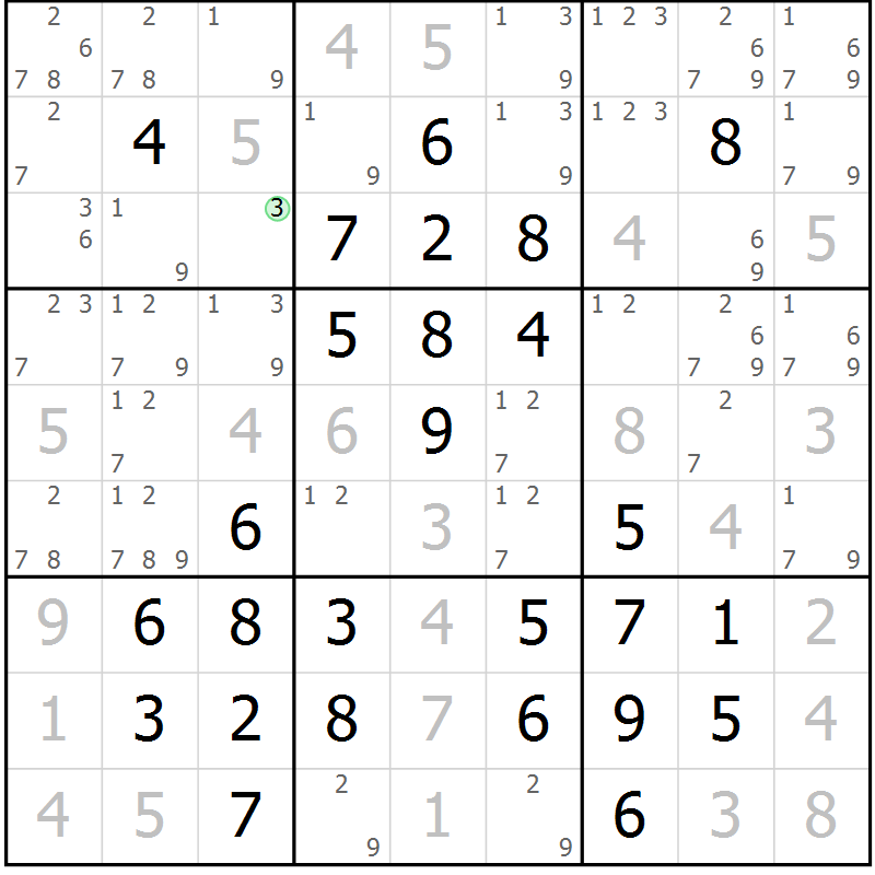 Position des candidats pour la solution de la Gr 31 page 34 du magazine de sudoku Giga sudoku niv 6-8 n° 032