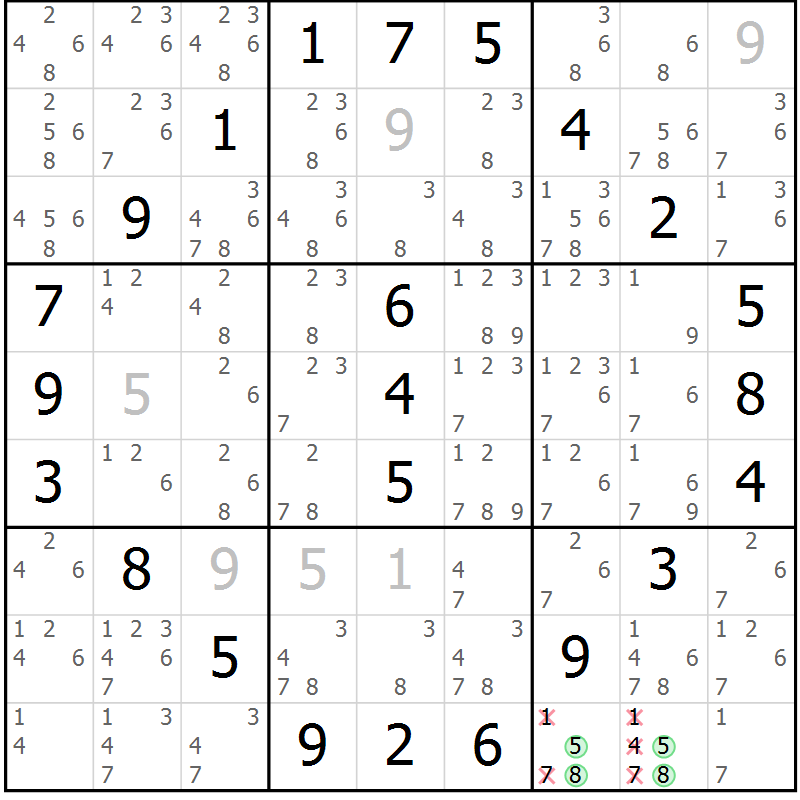 Position des candidats pour la solution de la Gr 32 page 35 du magazine de sudoku Giga sudoku niv 6-8 n° 032