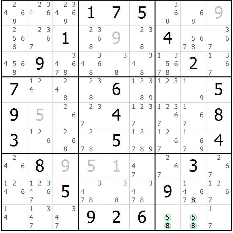 Position des candidats pour la solution de la Gr 32 page 35 du magazine de sudoku Giga sudoku niv 6-8 n° 032