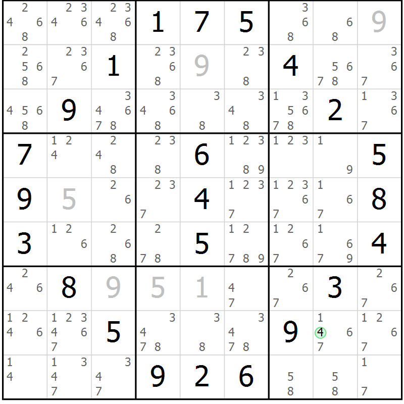Position des candidats pour la solution de la Gr 32 page 35 du magazine de sudoku Giga sudoku niv 6-8 n° 032