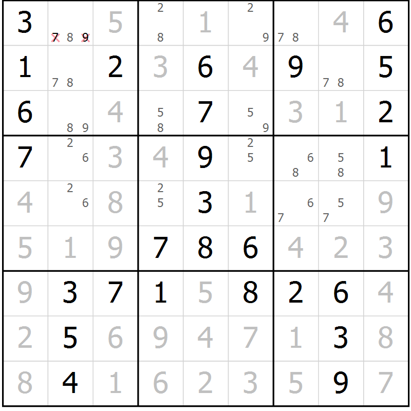 Position des candidats pour la solution de la Gr 33 page 36 du magazine de sudoku Giga sudoku niv 6-8 n° 032