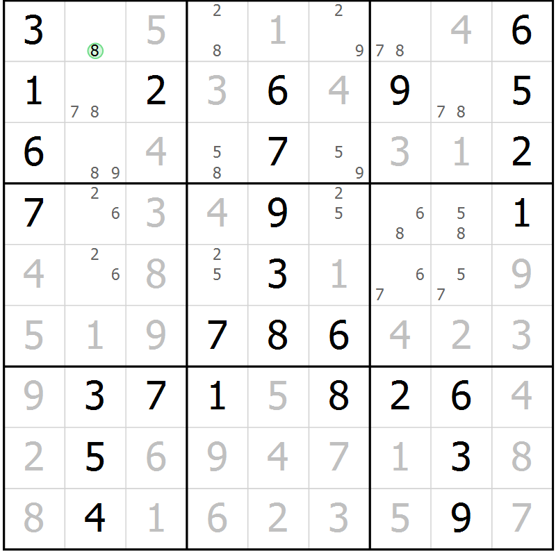 Position des candidats pour la solution de la Gr 33 page 36 du magazine de sudoku Giga sudoku niv 6-8 n° 032