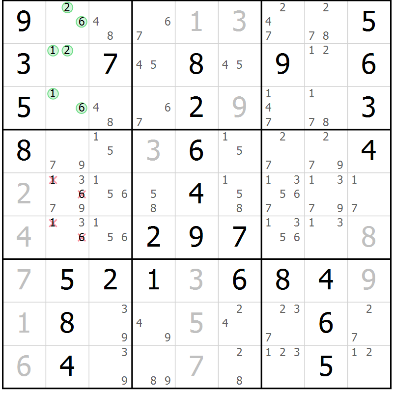 Position des candidats pour la solution de la Gr 34 page 37 du magazine de sudoku Giga sudoku niv 6-8 n° 032