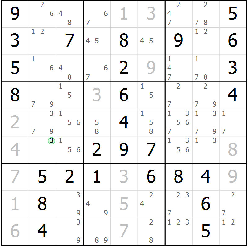 Position des candidats pour la solution de la Gr 34 page 37 du magazine de sudoku Giga sudoku niv 6-8 n° 032