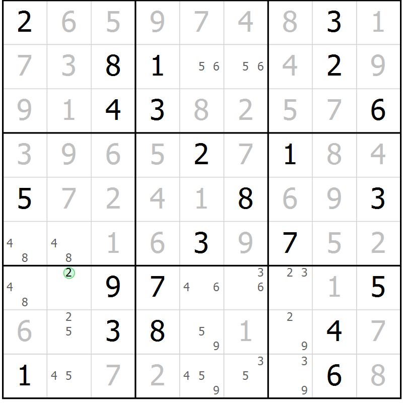 Position des candidats pour la solution de la Gr 36 page 39 du magazine de sudoku Giga sudoku niv 6-8 n° 032