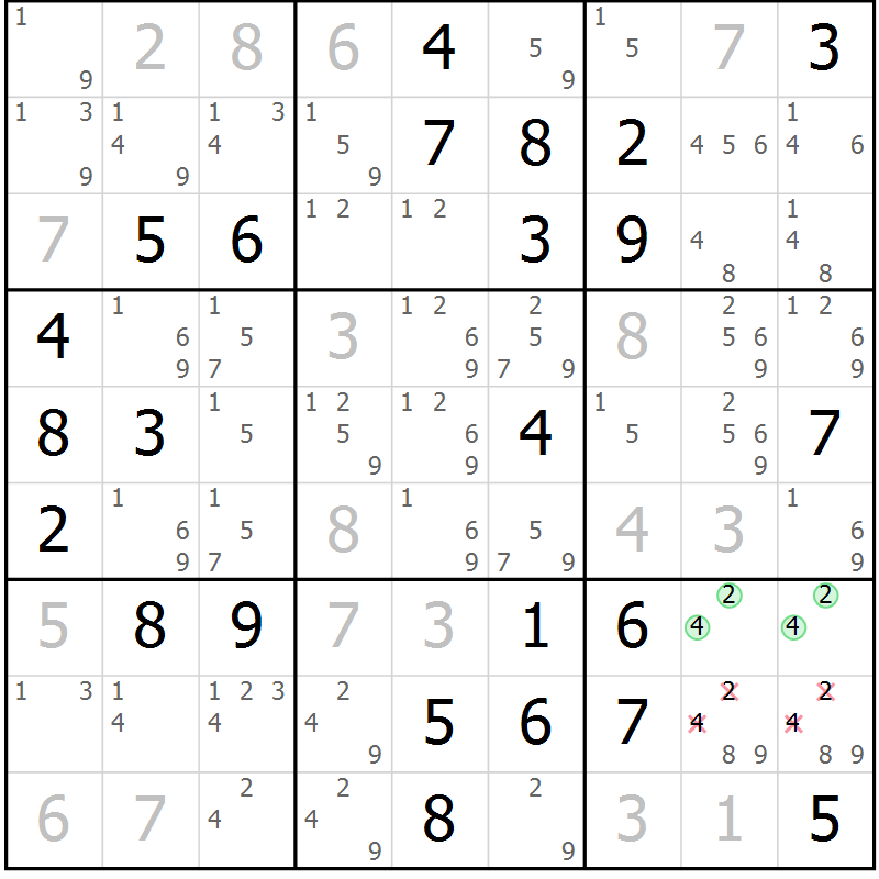 Position des candidats pour la solution de la Gr 37 page 40 du magazine de sudoku Giga sudoku niv 6-8 n° 032