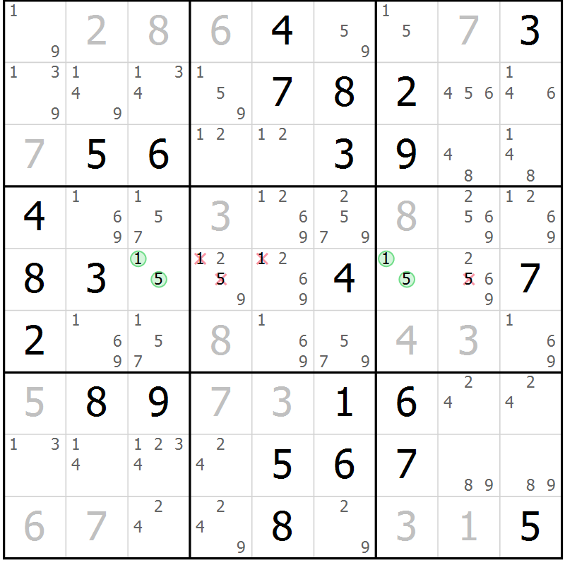 Position des candidats pour la solution de la Gr 37 page 40 du magazine de sudoku Giga sudoku niv 6-8 n° 032