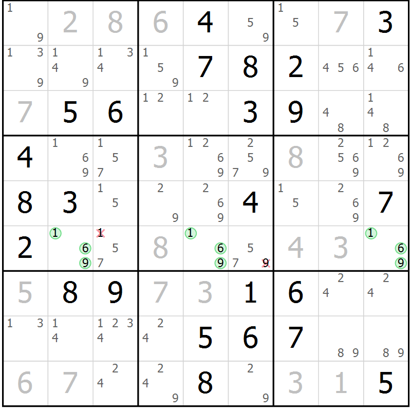 Position des candidats pour la solution de la Gr 37 page 40 du magazine de sudoku Giga sudoku niv 6-8 n° 032