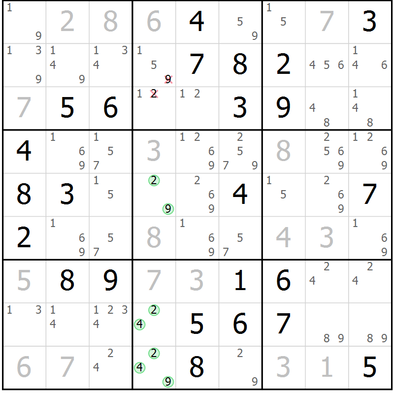 Position des candidats pour la solution de la Gr 37 page 40 du magazine de sudoku Giga sudoku niv 6-8 n° 032