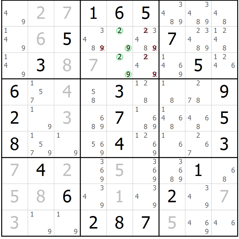 Position des candidats pour la solution de la Gr 38 page 41 du magazine de sudoku Giga sudoku niv 6-8 n° 032