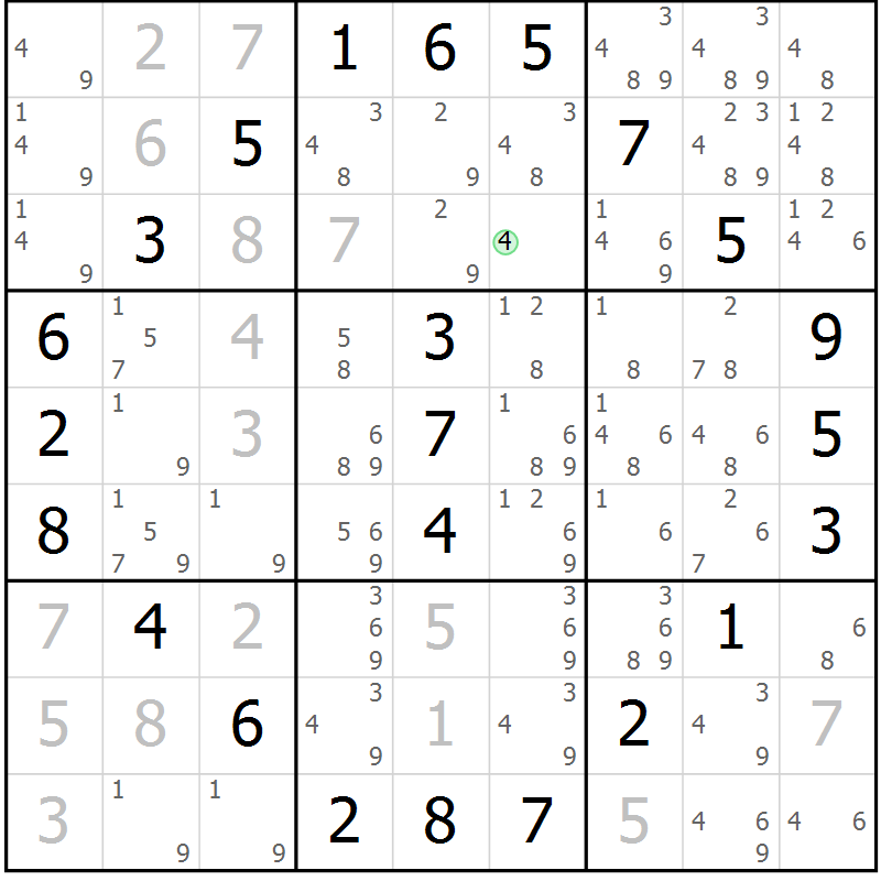 Position des candidats pour la solution de la Gr 38 page 41 du magazine de sudoku Giga sudoku niv 6-8 n° 032