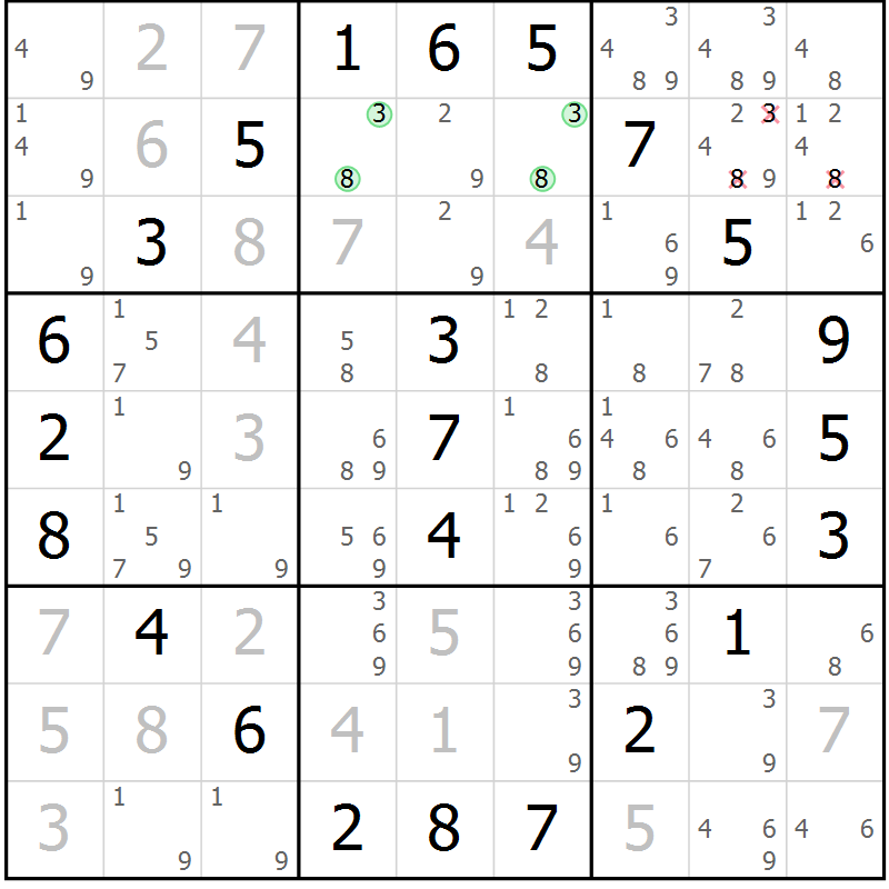 Position des candidats pour la solution de la Gr 38 page 41 du magazine de sudoku Giga sudoku niv 6-8 n° 032