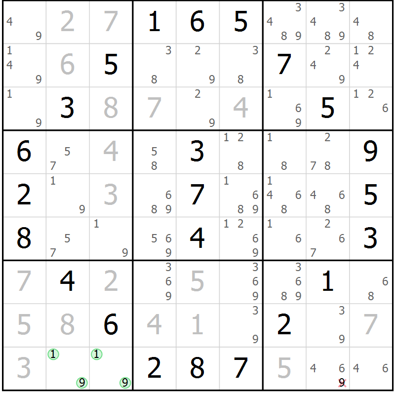 Position des candidats pour la solution de la Gr 38 page 41 du magazine de sudoku Giga sudoku niv 6-8 n° 032