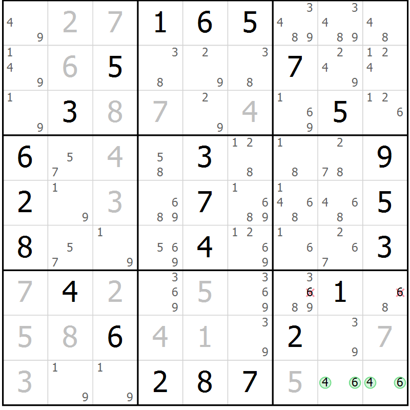 Position des candidats pour la solution de la Gr 38 page 41 du magazine de sudoku Giga sudoku niv 6-8 n° 032