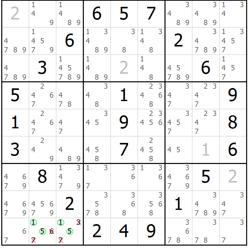 Position des candidats pour la solution de la Gr 39 page 42 du magazine de sudoku Giga sudoku niv 6-8 n° 032