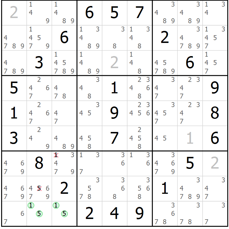 Position des candidats pour la solution de la Gr 39 page 42 du magazine de sudoku Giga sudoku niv 6-8 n° 032