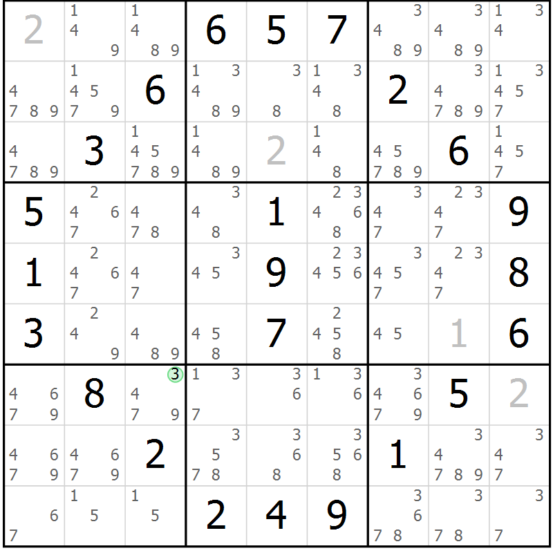 Position des candidats pour la solution de la Gr 39 page 42 du magazine de sudoku Giga sudoku niv 6-8 n° 032