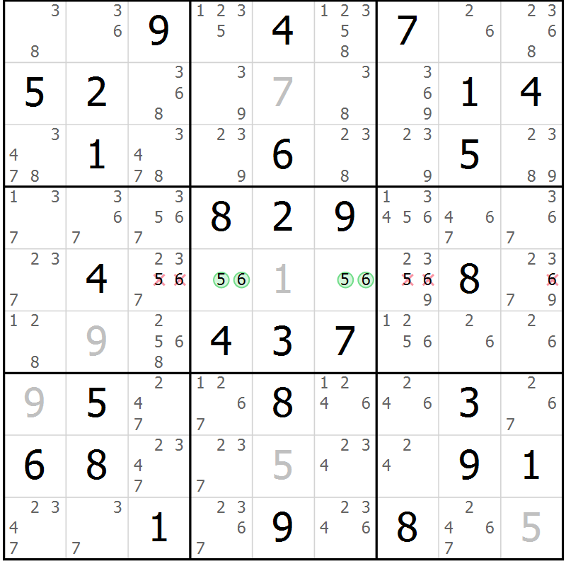 Position des candidats pour la solution de la Gr 4 page 7 du magazine de sudoku Giga sudoku niv 6-8 n° 032